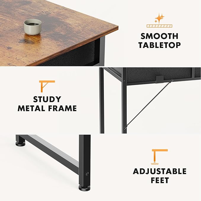 Sweetcrispy Computer Desk Small Home Office Bedroom Writing Study PC Tabke with Storage Space Fabric Side Bag Headphone Hook Metal Frame Adjustable Feet Modern Simple Style