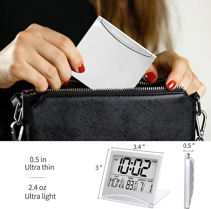 Betus Digital Travel Alarm Clock - Foldable Calendar Temperature Timer LCD Clock with Snooze Mode - Large Number Display, Battery Operated - Compact Desk Clock(Silver, No Backlight)