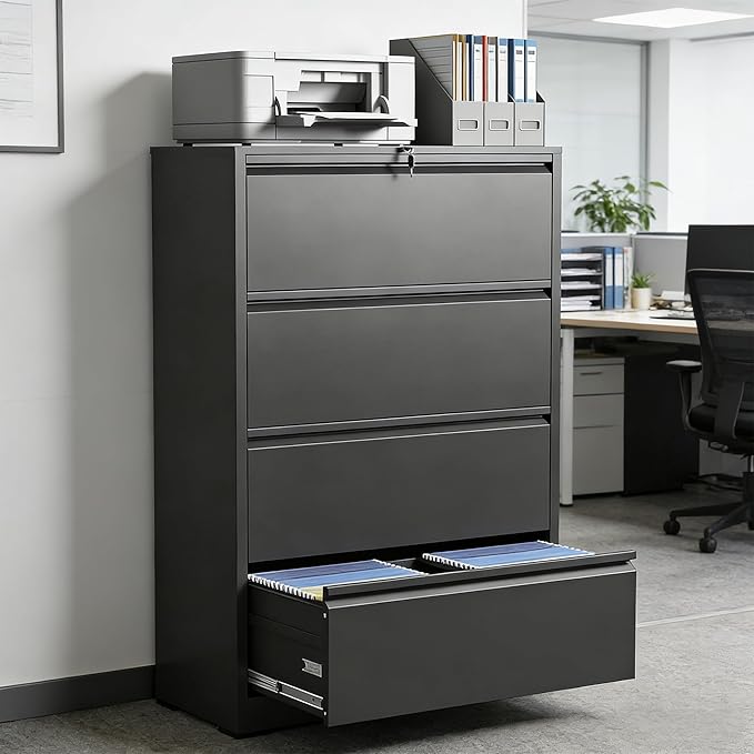 4 Drawer Lateral File Cabinet with Lock, Metal Lateral Filing Cabinet for Home Office, Steel Wide Horizontal Filing Cabinets for Letter/Legal/A4/F4 Hanging Files (Black)