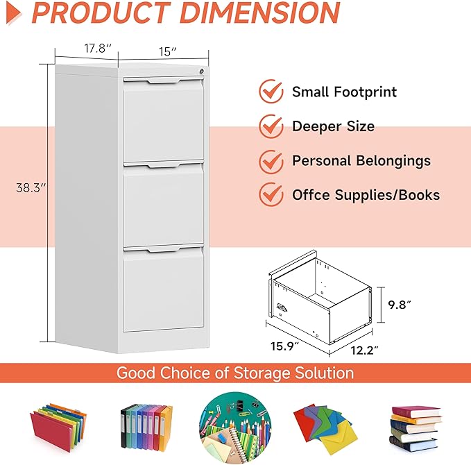 3 Drawer File Cabinet with Lock, Printer Stand, Office Filing Organizer, for A4 and Letter Size Files,Assembly Required(White)