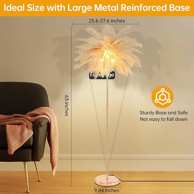 Feather Floor Lamp for Living Room, Fluffy Ostrich Feathers Lamp, Rose Gold Color Body, 3 Color Temperatures Modern Funky Arc Tall Standing Lamp for Bedroom Inclued Bright LED Bulbs (Khaki)