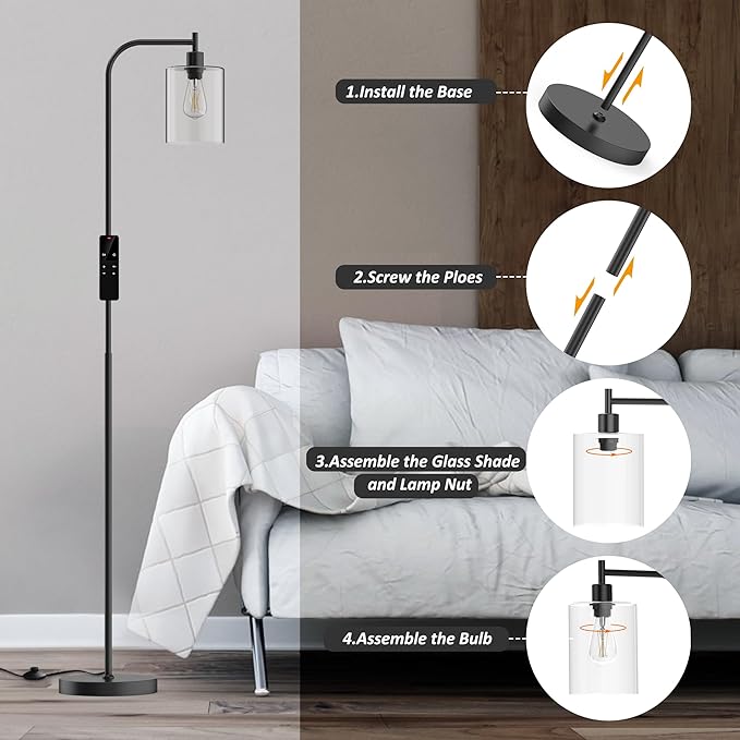 Industrial Floor Lamp with Glass Shade, Modern Dimmable Floor lamp with Remote LED Bulbs, Tall Lamp for Living Room Corner, Bedroom, Office (Black)