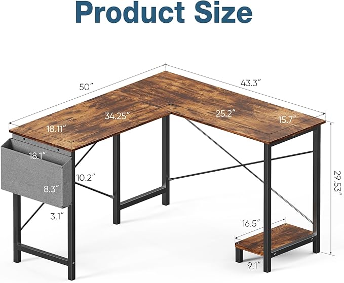 OLIXIS L Shaped Desk, 50-Inch Office Computer Gaming Desks Corner PC Table with Side Bag and Reversible Shelf for Home Work Study Writing Rustic Brown