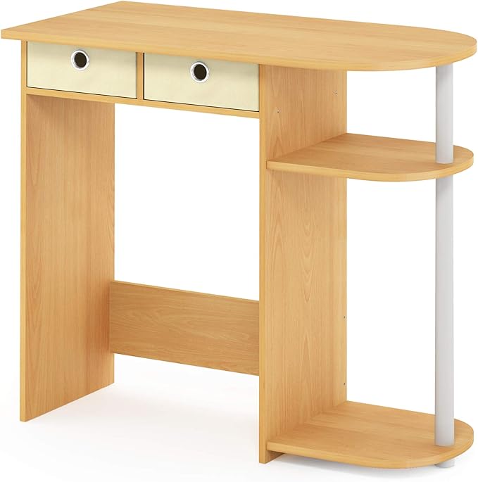 Furinno GO GREEN Desk, 31.5" Wide Gaming Desk with 2 Side Shelves and Storage Bins, Computer Desk, Office Desk for Home Office, Study Room, Dorm, Bedroom, Beech
