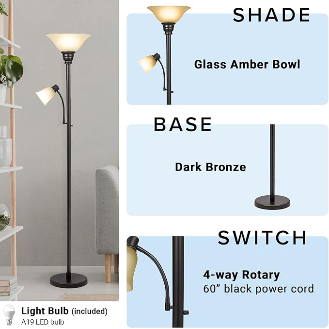 Catalina Lighting 18223-002 Transitional Uplight Floor Lamp with Reading Light, Standing Lamp, Living Room Light, LED Bulb NOT Included,71", Dark Bronze