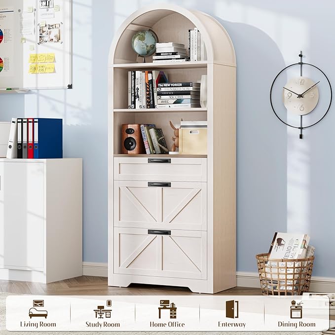 Arched Farmhouse File Cabinet with 2 Drawers for Legal, Letter, and A4 Size Hanging Files, Large Wooden File Cabinet for Home Office with Printer Stand and Bookshelf, Rustic White