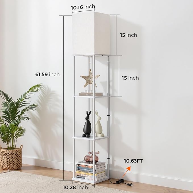 FOLKSMATE Floor Lamp with Shelves, 3-Tier Modern Square Bookshelf Floor Lamp, 3 Color Temperature Bulb Included, Floor Lamps for Living Room Bedroom Corner - White