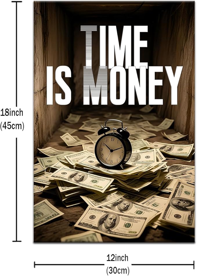 Motivational Canvas Wall Art Inspirational Poster Time Is Money Positive Quotes Poster Print Success Painting Picture Office Bathroom Classroom Office Home Wall Decor Framed [12''Wx18''H]