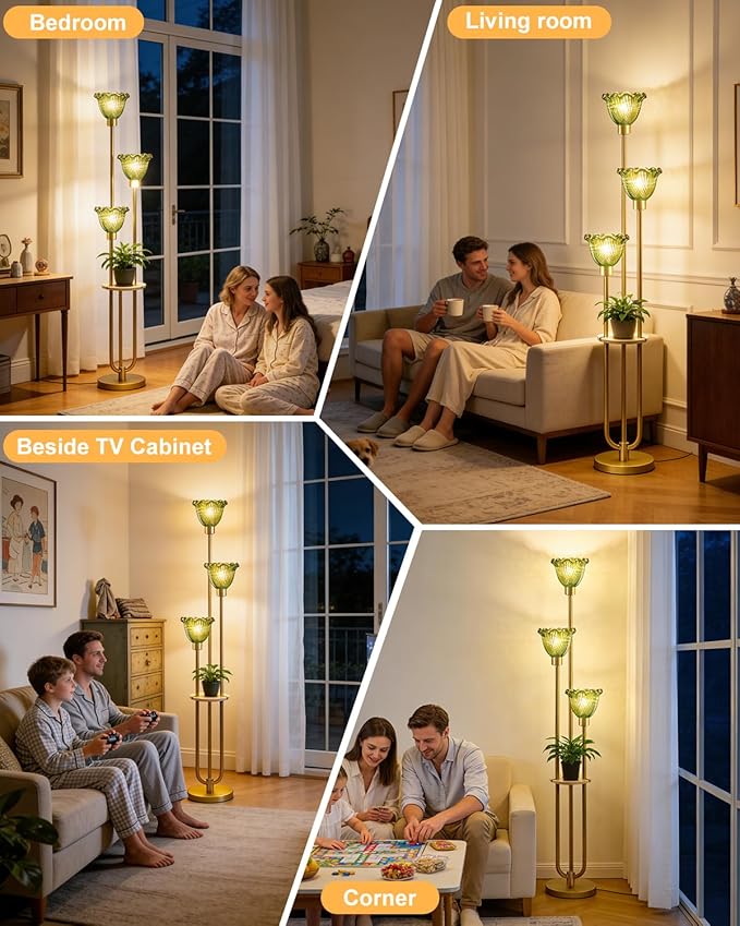 Lightdot Green Glass Floor Lamp for Living Room Dimmable Gold Floor Lamp with Glass Shade & 3000K Bulbs Included 3-Lights Modern Tall Standing Lamp for Bedroom/Sofa Beside/Corner Decor