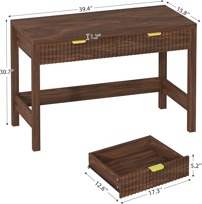 Fluted Computer Desk with 2 Drawers, 39 Inch Small Computer Desk with Storage, Compact Writing Study Desk for Small Spaces, Walnut