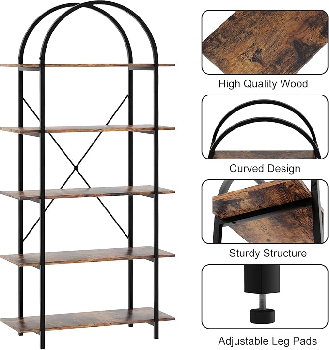 Arched Bookshelf 5 Tier Book Shelf, 31.5 Inch Width Industrial Arch Bookcase, Curved Tall Bookshelf with Open Shelves for Home Office, Living Room, Bedroom, Rustic Brown