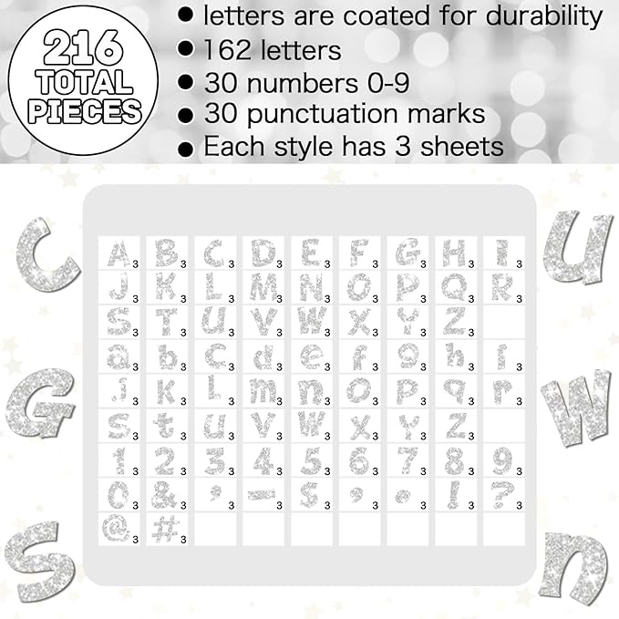 Colarr 216 Pcs Glitter Bulletin Board Letters for Classroom Number Alphabet Punctuation Symbol Cutout 4'' Die-Cut Poster Letter with Adhesive Dot School Party Holiday Decor Display(Silver)
