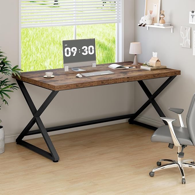 IBF 55 inch Computer Desk, Farmhouse Home Office Desk, Industrial Wood Metal Legs Work Desk for Writing Study, Vintage Minimalist Laptop Executive Workstation PC Gaming Table in Bedroom, Rustic Brown