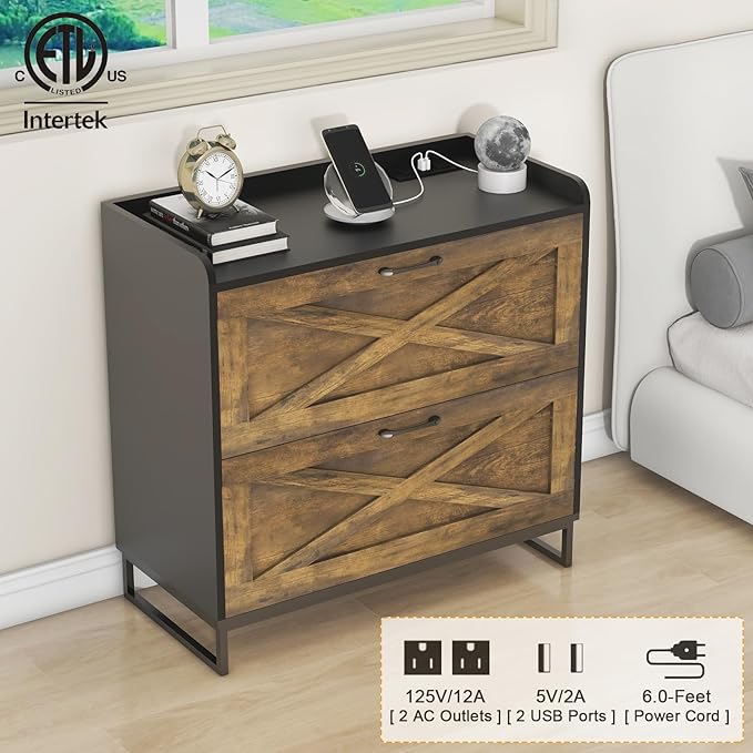 2 Drawer Lateral File Cabinet, Filing Cabinet with Charging Station for Letter/Legal/A4 Size Hanging Files, Modern Farmhouse File Cabinet for Home Office, Printer Stand with Storage, Brown and Black