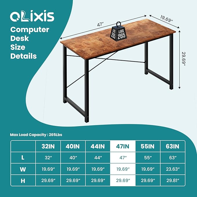 OLIXIS Computer Desk, Home Office Desk with Metal Fram, 47 Inches Gaming Writing Work for Bedroom Study Table, Sturdy Metal Frame, Simple Rust
