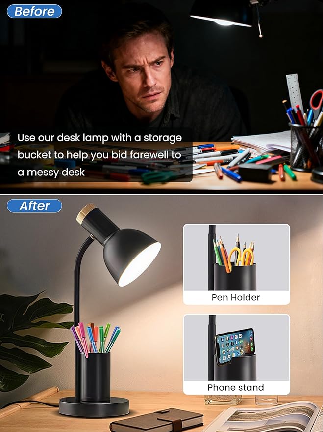 LED Desk Lamp for Home Office, Table Lamp with Pen Holder, 3 Color Modes Reading Light, Eye-Caring Desk Light with Gooseneck, Metal Study Lamp for Dorm Bedside Bedroom (Black Lamp)