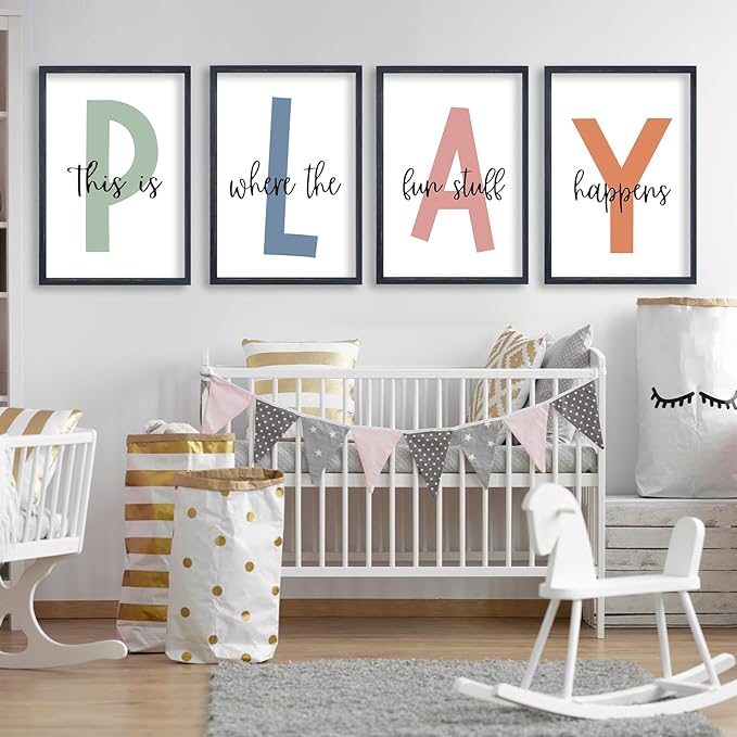 TQianJiang Playroom Wall Art for Kids 4 Piece PLAY Letter Prints with This is Where the Fun Stuff Happens Quote 11"×16" Modern Colorful Decor Children Nursery Toddler Wood Framed Wall Hanging (Black)