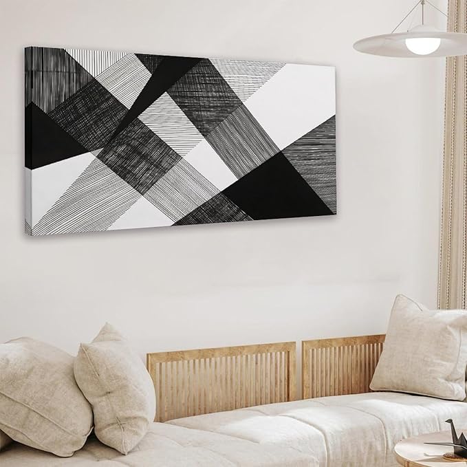 Geometric Abstract Framed Canvas Wall Art for Office, Black White Modern Wall Decor 32"L x 16"W