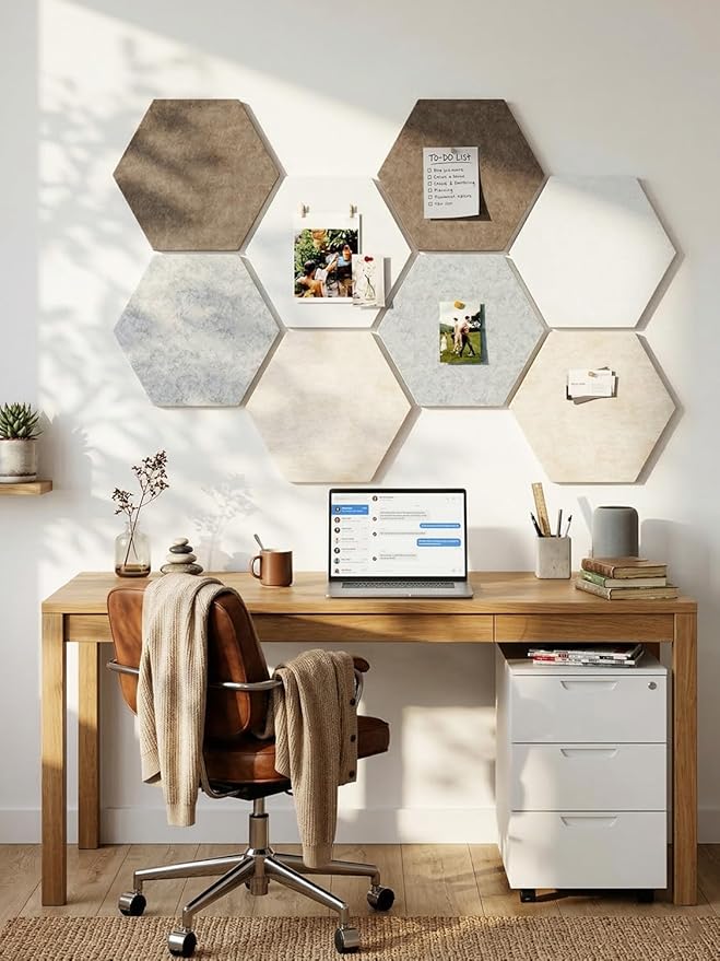 8 Pack Hexagon Felt Bulletin Board Tiles - 11.8" Large Thick Pin Board for Walls with 30 Push Pins, DIY Boards for Office Home School Decor, Aesthetic Hex Cork Board Alternative