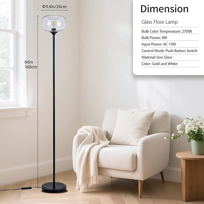 MAYNA Globe Floor Lamp, Clear Round Glass Standing Lamp with Built-in Timer Switch, Black Tall Industrial Lamps for Living Room Bedroom, 2700K LED Bulb Included