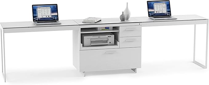 BDI Furniture Centro 6417-35'' Locking Lateral 3-Drawer File Cabinet with Letter or Legal-Size File Drawer, 2 Storage Drawers, Pull Out Printer Tray, Adjustable Shelf, Glass Top, Satin White