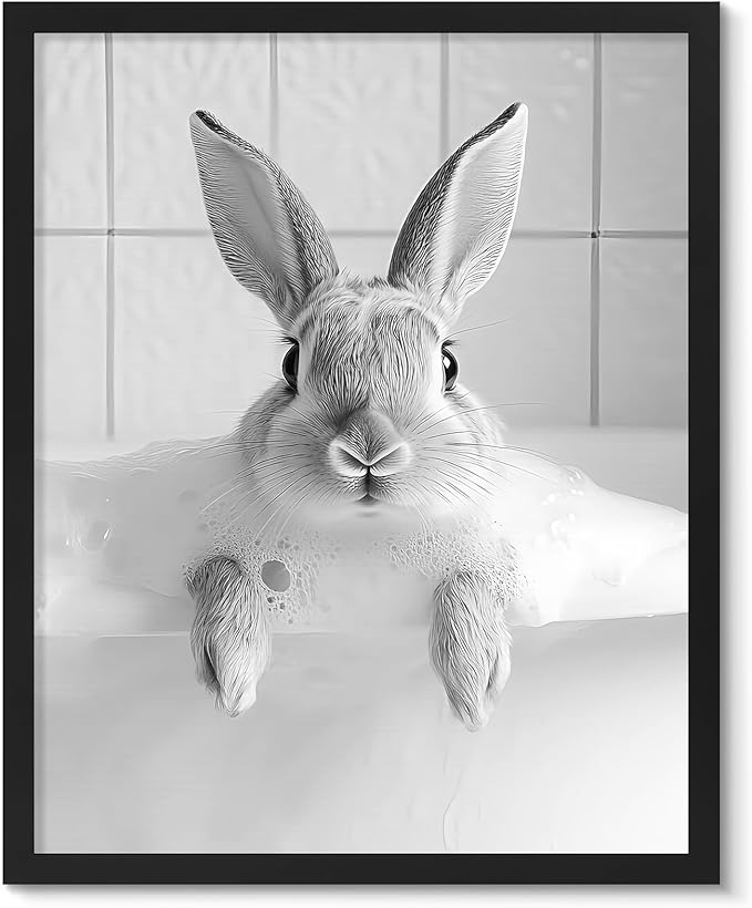 uniro Bunny Black and White Photography, Funny Rabbit Bath Teeth, Bathroom Wall Art Whimsical Farmhouse Decor Cute Bunny Animal Canvas Print Painting, Modern Bathroom Signs Wall Art Poster for Bathroom Decor( 8" x 10"-UNFRAMED)