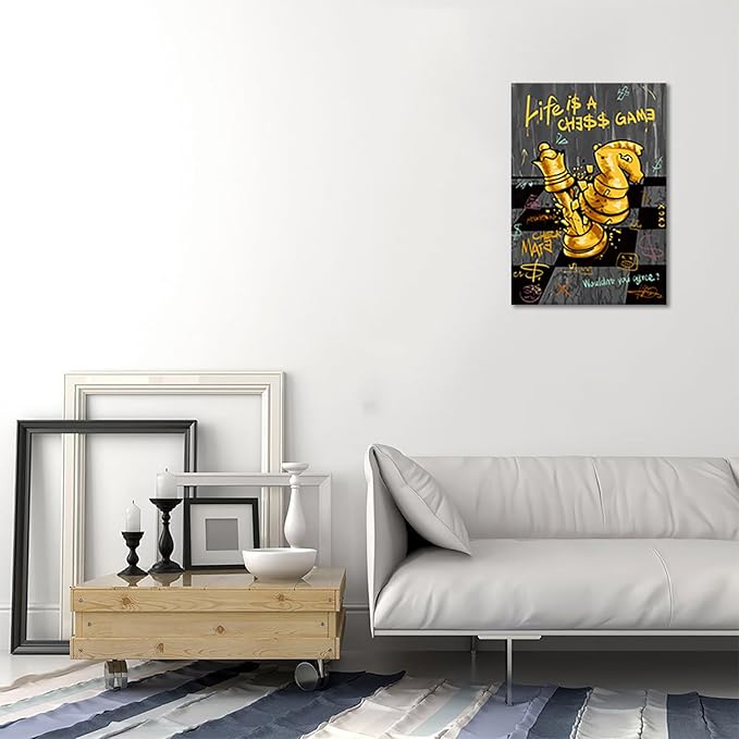 Inspirational Wall Art - Black Gold Chess Canvas Painting Motivational Wall Decor LIFE IS A CHESS GAME Quotes Poster Positive Artwork for Office Living Room Bedroom Home Decoration, Framed 12"x 16"