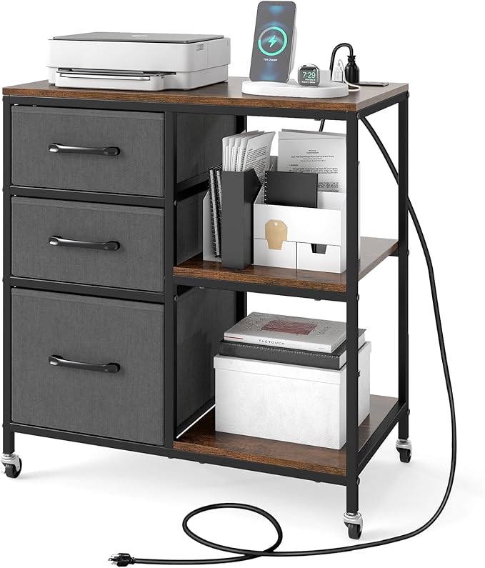 GOFLAME 3 Drawer Mobile File Cabinet with Charging Station, Rolling Printer Stand with Open Storage Shelves, Wooden Storage Cabinet on Wheels for Home Office (Rustic Brown and Gray)