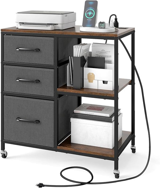 GOFLAME 3 Drawer Mobile File Cabinet with Charging Station, Rolling Printer Stand with Open Storage Shelves, Wooden Storage Cabinet on Wheels for Home Office (Rustic Brown and Gray)