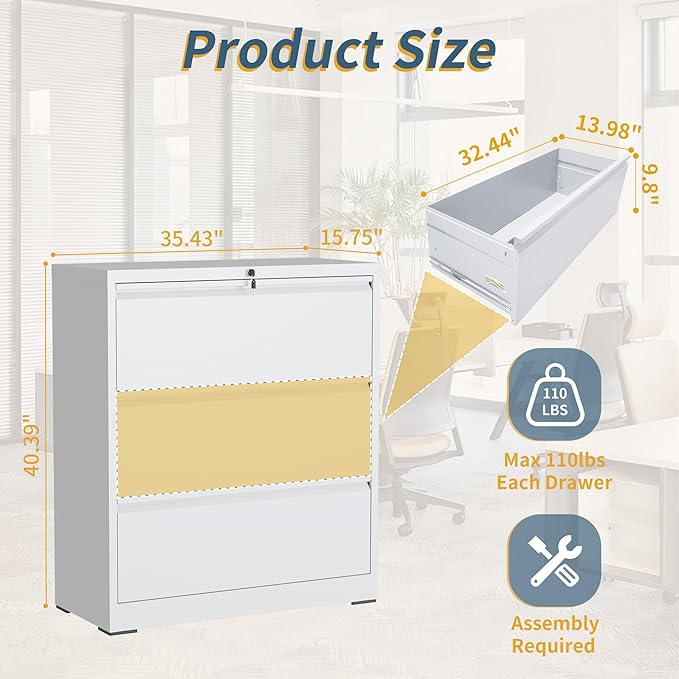 3 Drawer File Cabinet with Lock, Lateral Filing Cabinets,Metal Storage Filing Cabinets for Home Office, Heavy Duty File Cabinet for Letter/Legal/A4/F4 Size Amsseble Required, White