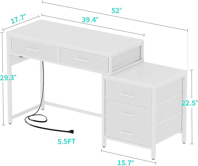 Unikito Reversible Computer Desk with 5 Drawers, Sturdy Office Desk with Power Outlets and USB Ports, Study Writing Table with File Cabinet & Printer Stand, Vanity Desk with Storage, White