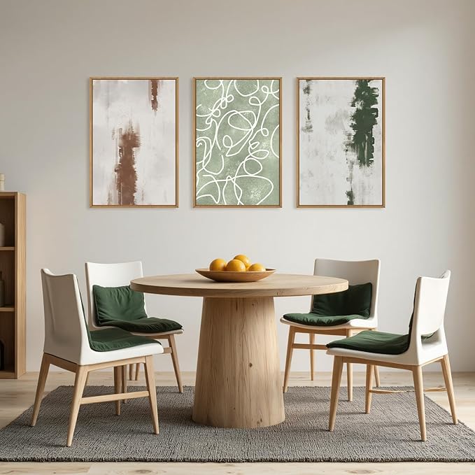 Large Abstract Green Brown Geometric Framed Canvas Wall Art Set,Minimalist Neutral Brush Stroke Wall Decor,Modern Watercolor White Curved Lines Artwork for Living Room,Bedroom,Office-24 x36 x3