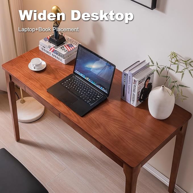 Solid Wood Desk with Drawers, Home Office Desk for Small Spaces, Gaming Work Study Desk, Student PC Desk for Bedroom, Easy to Assemble (Cherry Color, 47.2 inch)