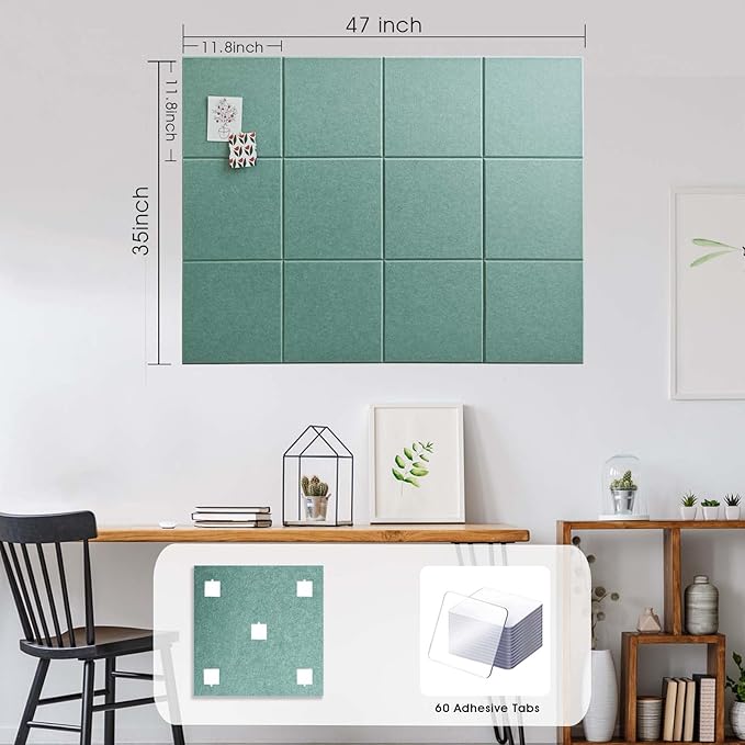 Large Cork Board for Office Wall Decor,48"x36"-12 Pack Felt Wall Tiles with Safe Removable Adhesive Tabs, 1/2" Thick, Felt Bulletin Board Pin Board Cork Boards for Walls - Jade Green
