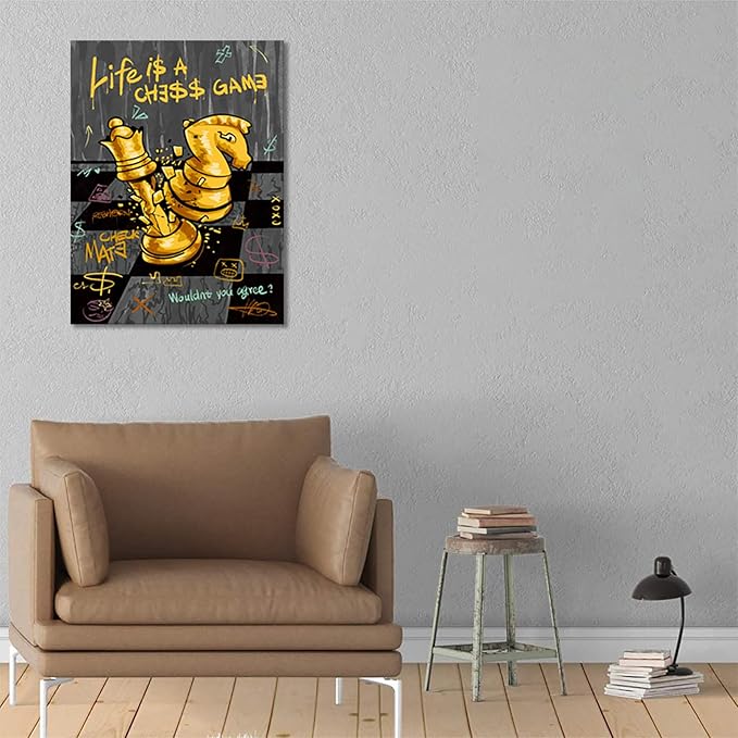 Motivational Wall Art, Abstract Chess Painting Positive Canvas Print LIFE IS A CHESS GAME Quotes Wall Decor Inspirational Poster Black Gold Office Picture Artwork Modern Home Decoration,18"x24" Framed