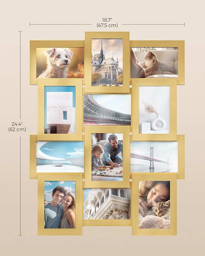 SONGMICS Collage Picture Frames, 4x6 for Wall Decor, Multi Family Photo for Gallery Decor, Hanging Display, Set of 12, Pale Gold URPF026A01