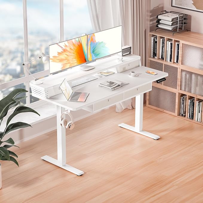 Kingant 55 x 24 Inch Electric Standing Desk with 4 Drawers, Height Adjustable Sit to Stand Computer Desk with Storage Shelf and C-Clamp Mount Compatibility for Home Office, White