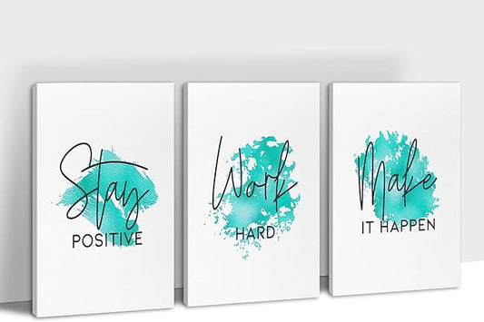 SHMAO Teal Office Canvas Wall Art Motivational Wall Decor, 3 Piece Stay Work Make Print Pictures for Office Wall Decor Women Inspirational Framed Artwork Home Office Decor 24”x36”x3 Panels