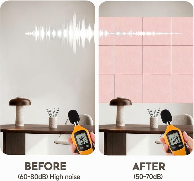 MISSDAY Pink Acoustic Wall Panel Felt Bulletin Board 48" x 36" Cork Board for Wall, 12-Pack Boards with 72 Removable Adhesive Tabs, 50 Pins, Pin Board for Home Office Classroom Soundproof Wall Tile