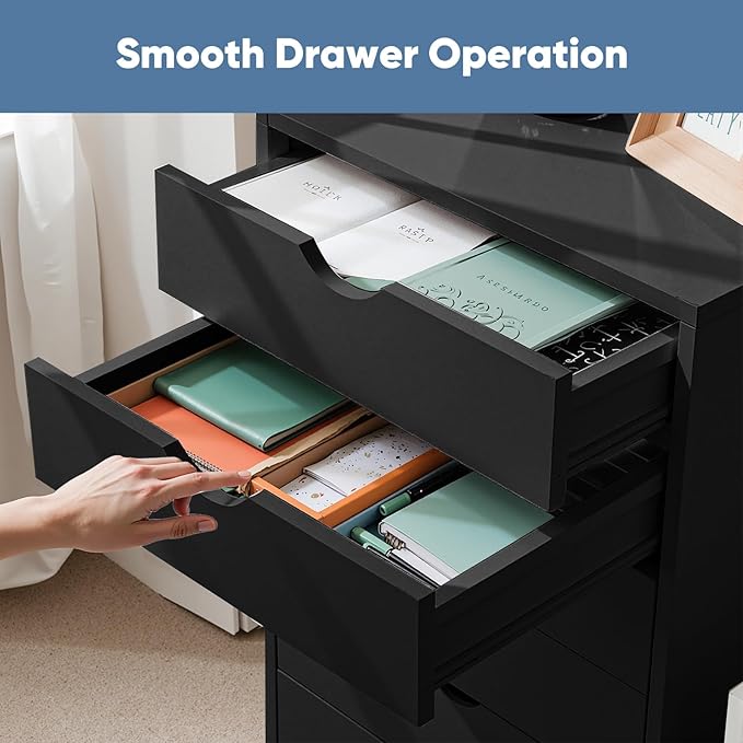 NEWBULIG 7 Drawers Mobile File Cabinet Under Desk Storage with Wheels Office Filing Cabinets Small Wooden Rolling Chest of Dawers for Home Office Black