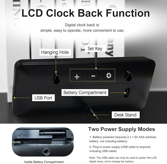 JoFomp LCD Digital Wall Clocks Battery Operated, 8.5" Modern Wall Clocks for Living Room Decor, Simple Digital Wall Clock with Temperature/Date/Time - 12/24H, Small Desk Clock for Bedroom Office