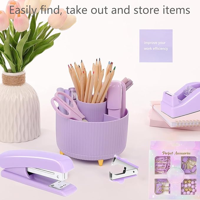 suniya Office Supplies,Desk Accessories,with Stapler,Tape Dispenser,Staple Remover,Scissor,Ballpoint Pen,Sticky Notes,Clear Tape,Staples,Desk Organizer,Ruler,Binder,Best Gift Set(Purple)