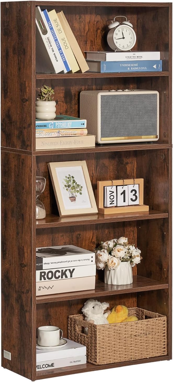 VEVOR 5 Tiers Narrow Bookshelf, 53 in Wooden Open Bookcase with Height-Adjustable Shelf, Freestanding Tall Display Storage Floor Bookcase Bookshelf for Library, Bedroom, Living Room, Office, Brown
