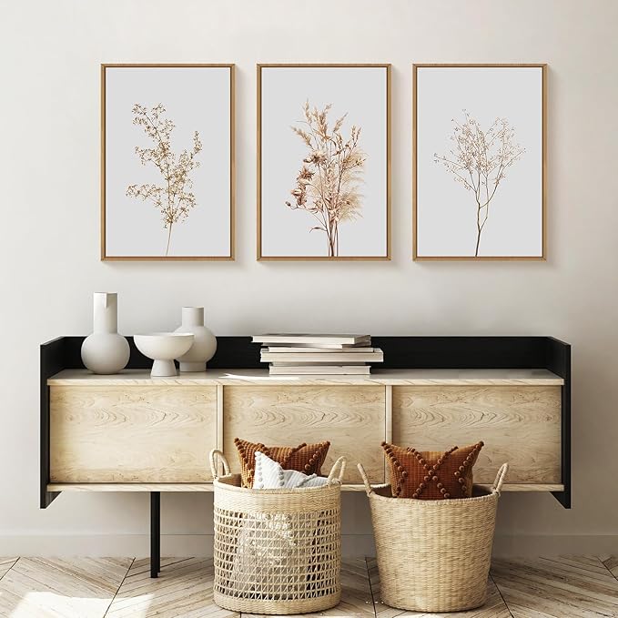 Ausril Wildflower Floral Framed Canvas Wall Art Set, Beige Botanical Wall Decor, Minimalist Nature Flower Wall Painting, Modern Boho Farmhouse Art Print for Living Room, Bedroom, Office- 16"x24"x3