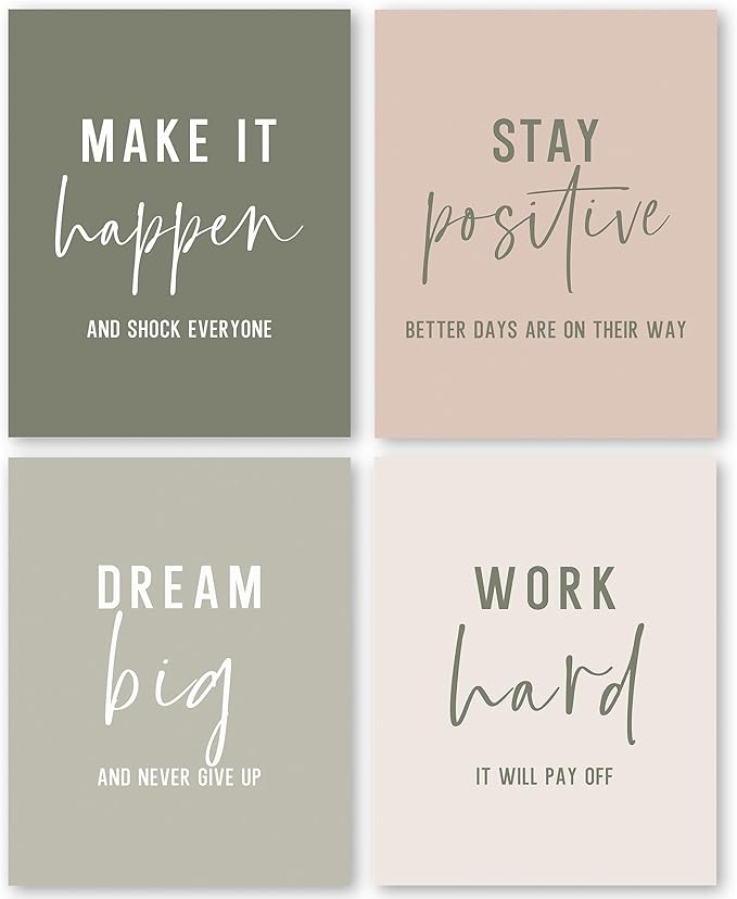 QLMX Office Inspirational Wall Art Prints Set of 4, Boho Motivational Make It Happen Stay Postive Prints Wall Decor for Office, Positive Quotes Poster for Home 8”x10” Unframed