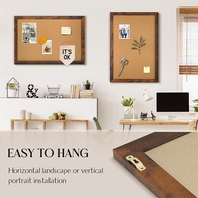 Cork Bulletin Board, 24"x18" Corkboard for Wall with Vintage Brown Wooden Frame, Hanging Pin Board for Home Office Decor, 10 Push Pins