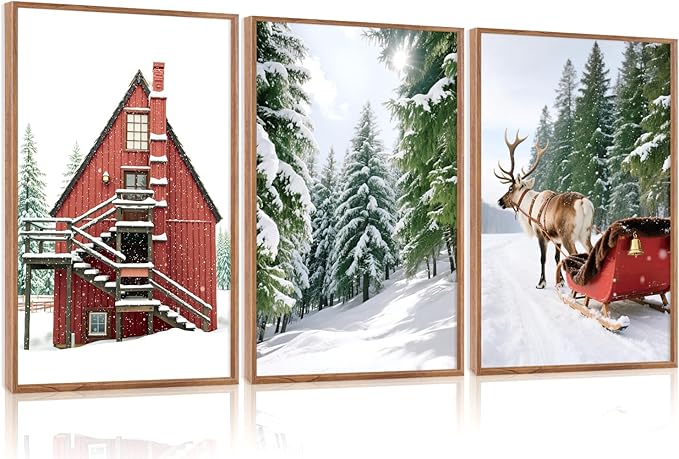 CHDITB Christmas Framed Canvas Wall Art(16"x24"), 3 Panels Farmhouse Winter Snow Forest Landscape Artwork Prints, Large Rustic Reindeer Sleigh Cabin Cottage Decor for Home Office Bedroom