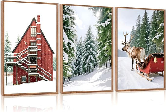 CHDITB Christmas Framed Canvas Wall Art(16"x24"), 3 Panels Farmhouse Winter Snow Forest Landscape Artwork Prints, Large Rustic Reindeer Sleigh Cabin Cottage Decor for Home Office Bedroom
