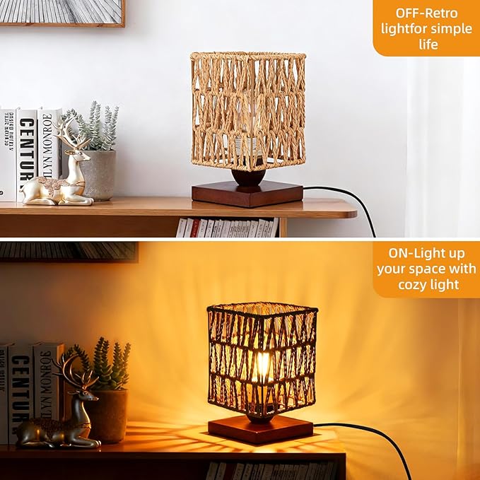 Rattan Table Lamp, Boho Bedside Lamp Vintage Wooden Nightstand Nightlight, Rustic Bamboo Woven End Table Lamps, Handmade Woven Desk Lamp, Christmas Decor for Bedroom, Living, Room Study, Kids Room