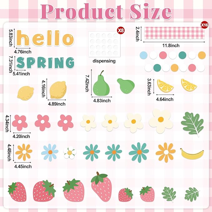 Hello Spring Bulletin Board Set Spring Fruit Floral Classroom Decoration Colorful Flowers Strawberry Paper Cutouts Flowers Theme Bulletin Board for School Classroom Chalkboard Wall Decor